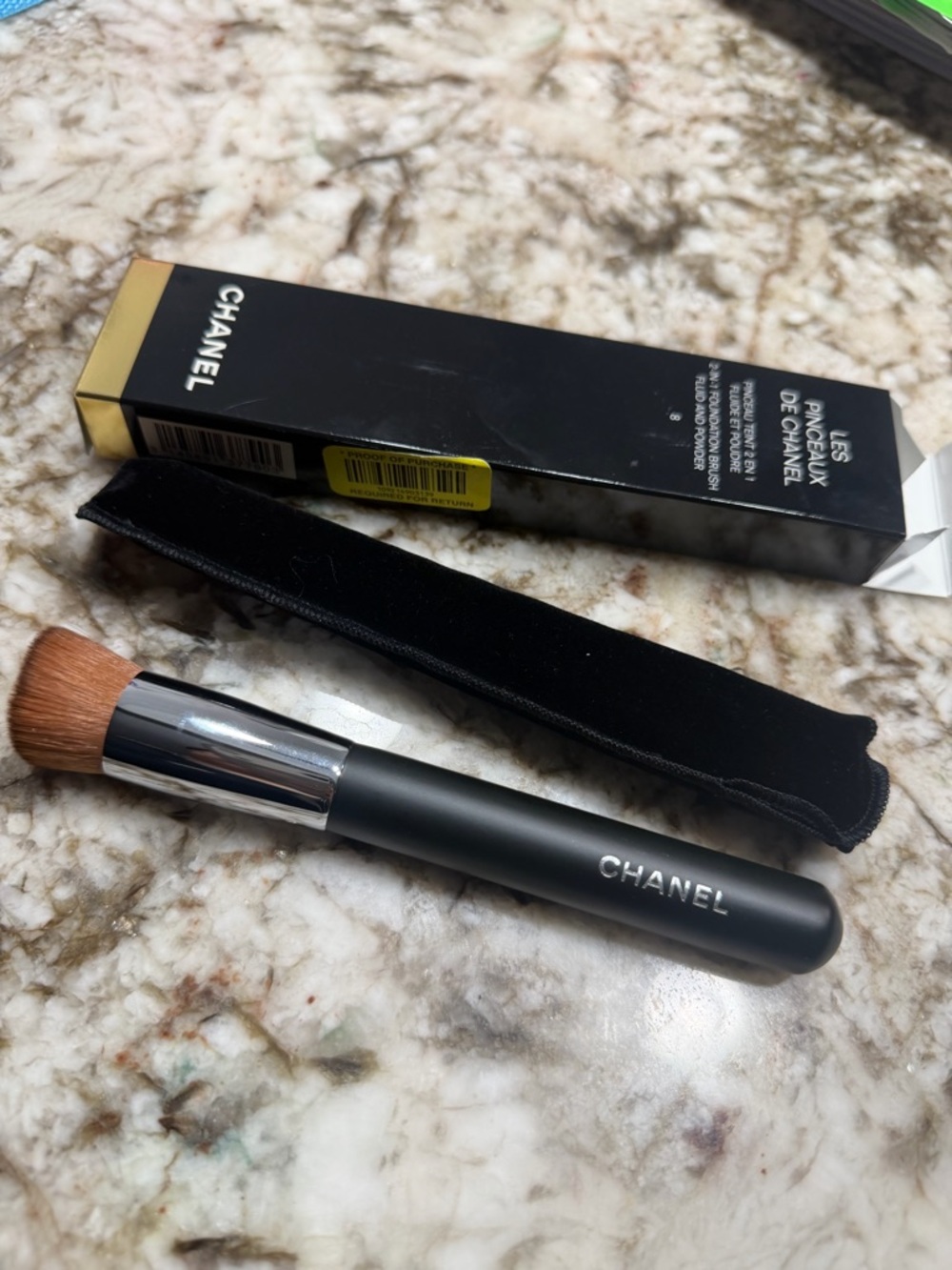 CHANEL Black & Silver Round Foundation Brush with Brown Bristles